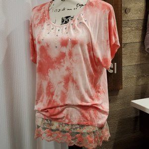 Olivia Tie Dye Blouse Top Small Salmon Embellished Lace Hem Stretch USA Made